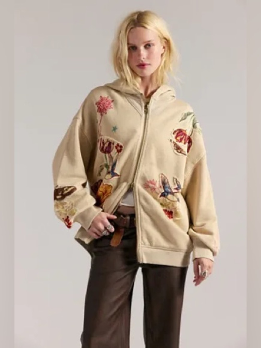 Free People Beige Embroidered Zip-Up Hoodie with Multicolor Floral Motifs